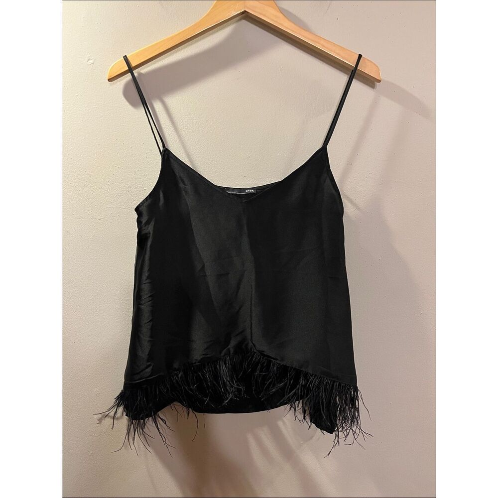 Zara Black Satin Feather-Hem Camisole
